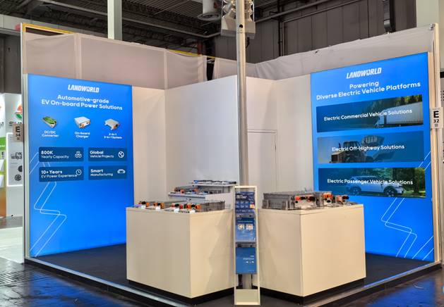 Landworld Technology booth displaying EV on-board power products at IAA TRANSPORTATION 2026