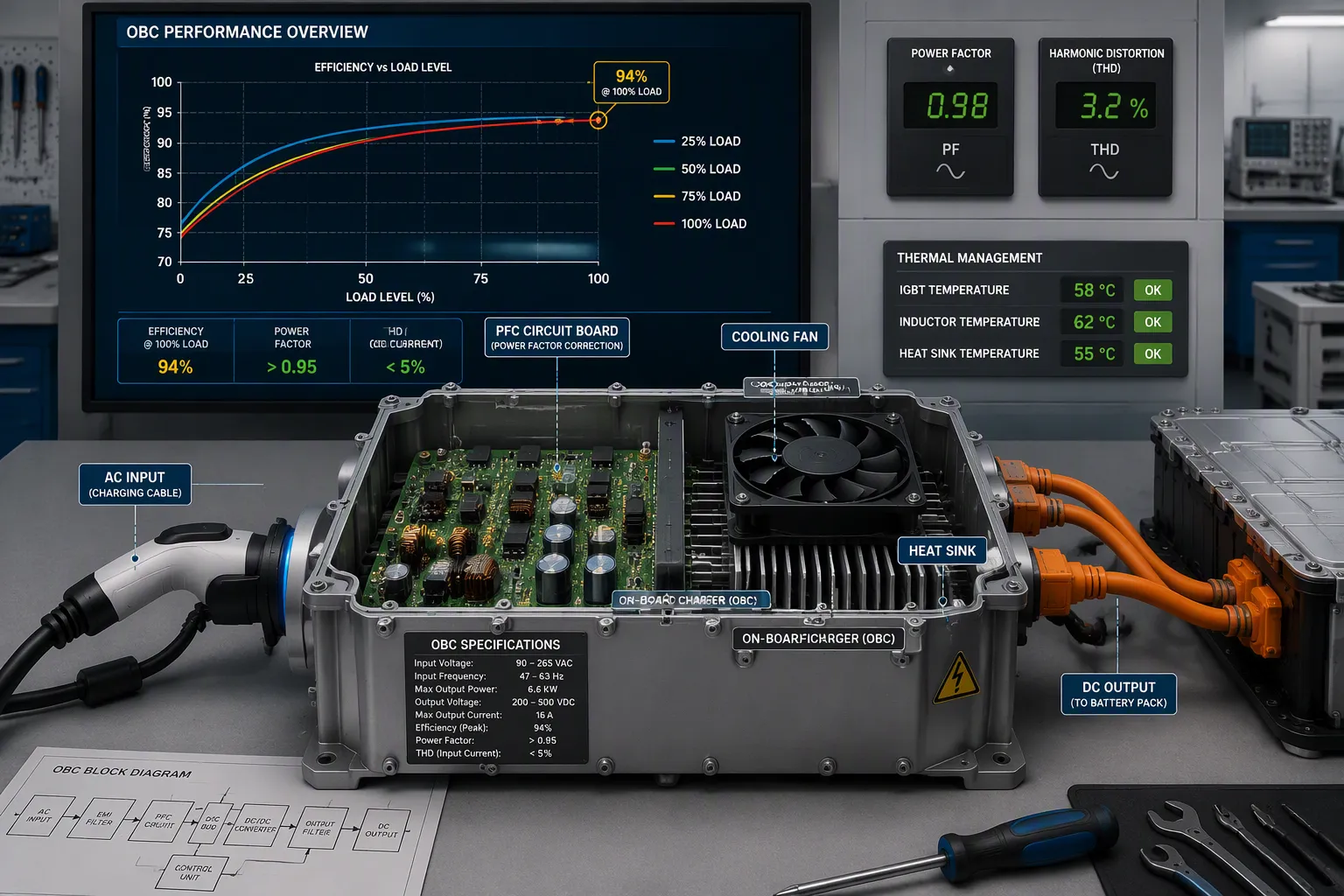 Performance Efficiency and Thermal Management of the OBC